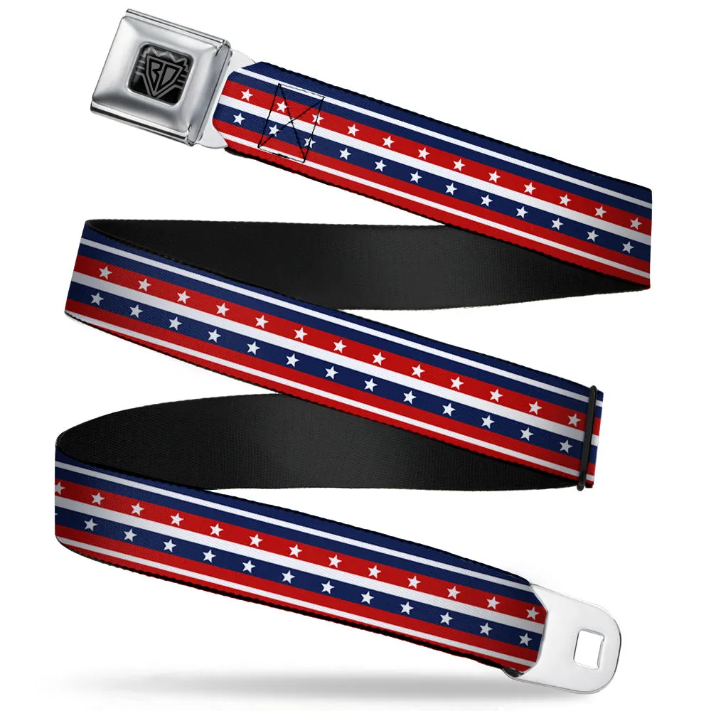 BD Wings Logo CLOSE-UP Full Color Black Silver Seatbelt Belt - Americana Stripe w/Stars2 Blue/Red/White Webbing