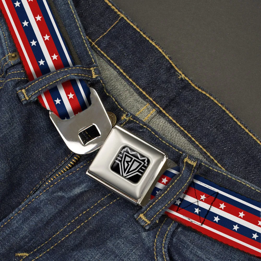 BD Wings Logo CLOSE-UP Full Color Black Silver Seatbelt Belt - Americana Stripe w/Stars2 Blue/Red/White Webbing