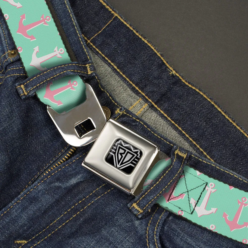 BD Wings Logo CLOSE-UP Full Color Black Silver Seatbelt Belt - Anchor2 CLOSE-UP Green/Pink/White Webbing