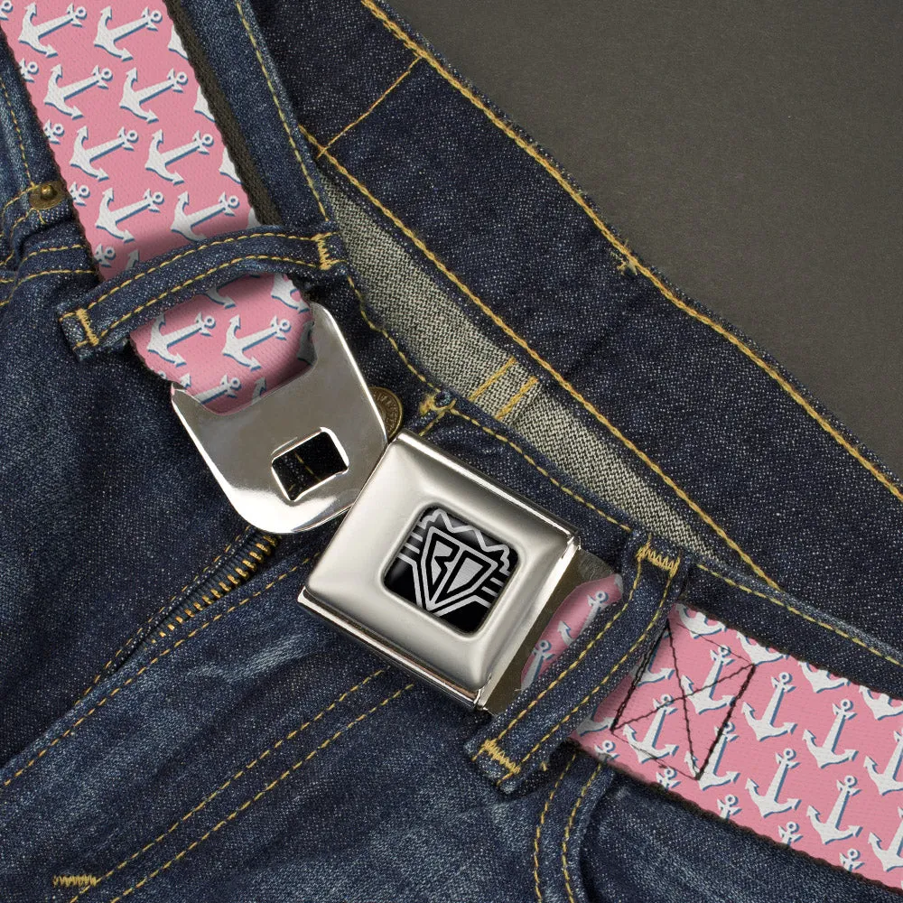 BD Wings Logo CLOSE-UP Full Color Black Silver Seatbelt Belt - Anchor2 Monogram Baby Pink/Baby Blue/White Webbing