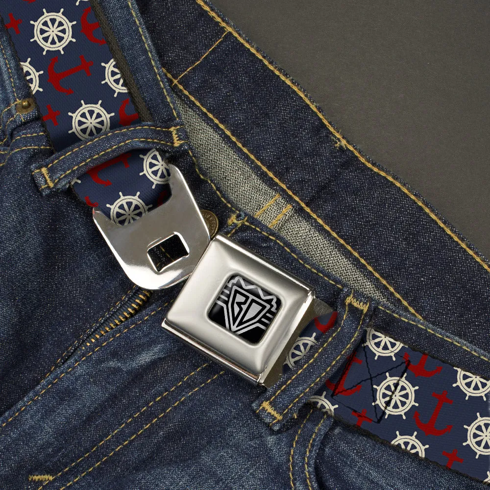 BD Wings Logo CLOSE-UP Full Color Black Silver Seatbelt Belt - Anchor3/Helm Monogram Navy/Red/Cream Webbing