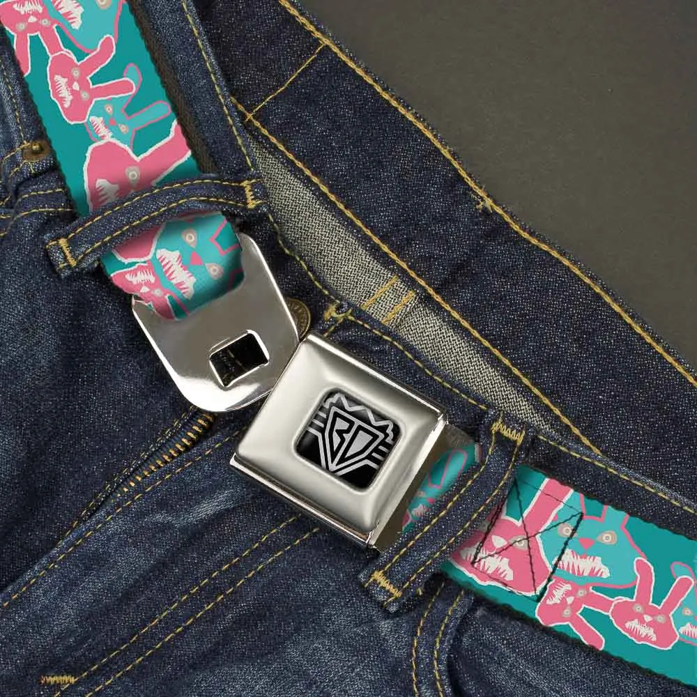 BD Wings Logo CLOSE-UP Full Color Black Silver Seatbelt Belt - Angry Bunnies Turquoise/Pinks Webbing