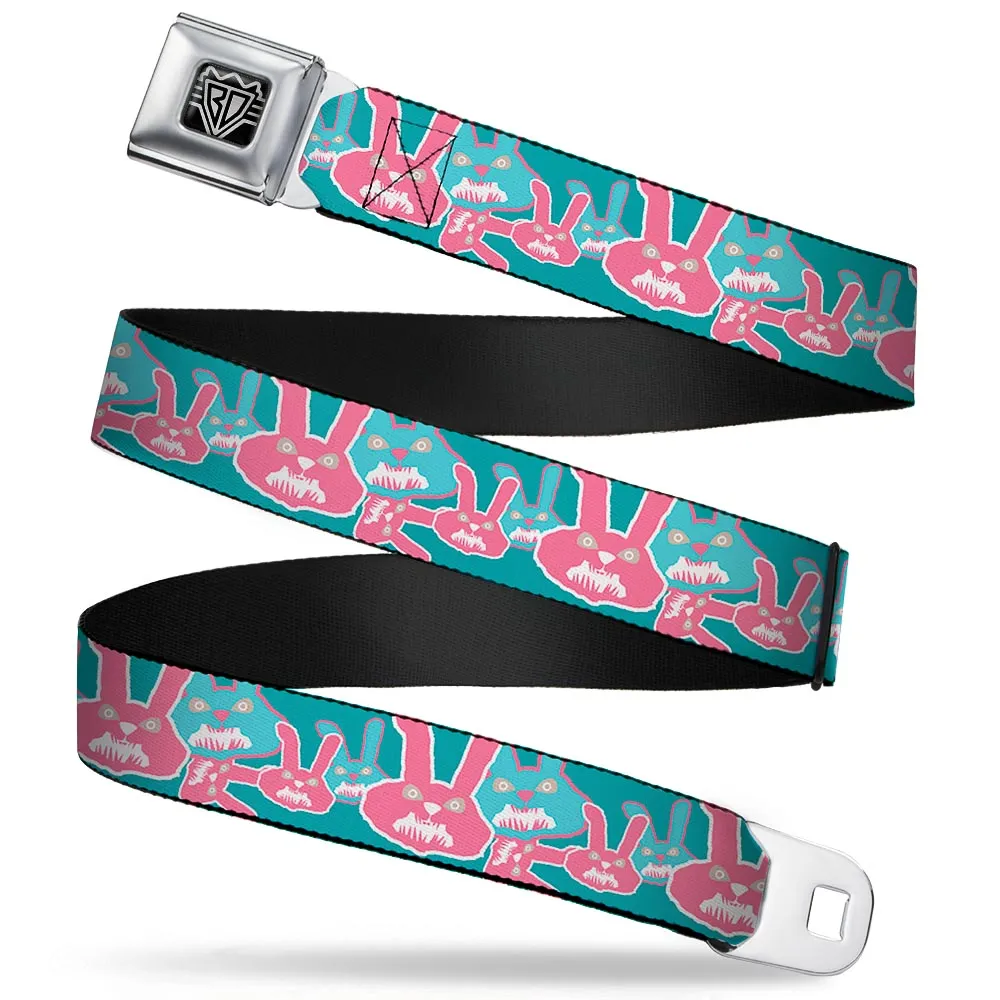 BD Wings Logo CLOSE-UP Full Color Black Silver Seatbelt Belt - Angry Bunnies Turquoise/Pinks Webbing