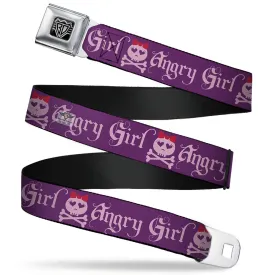 BD Wings Logo CLOSE-UP Full Color Black Silver Seatbelt Belt - Angry Girl Purple/Pink Webbing