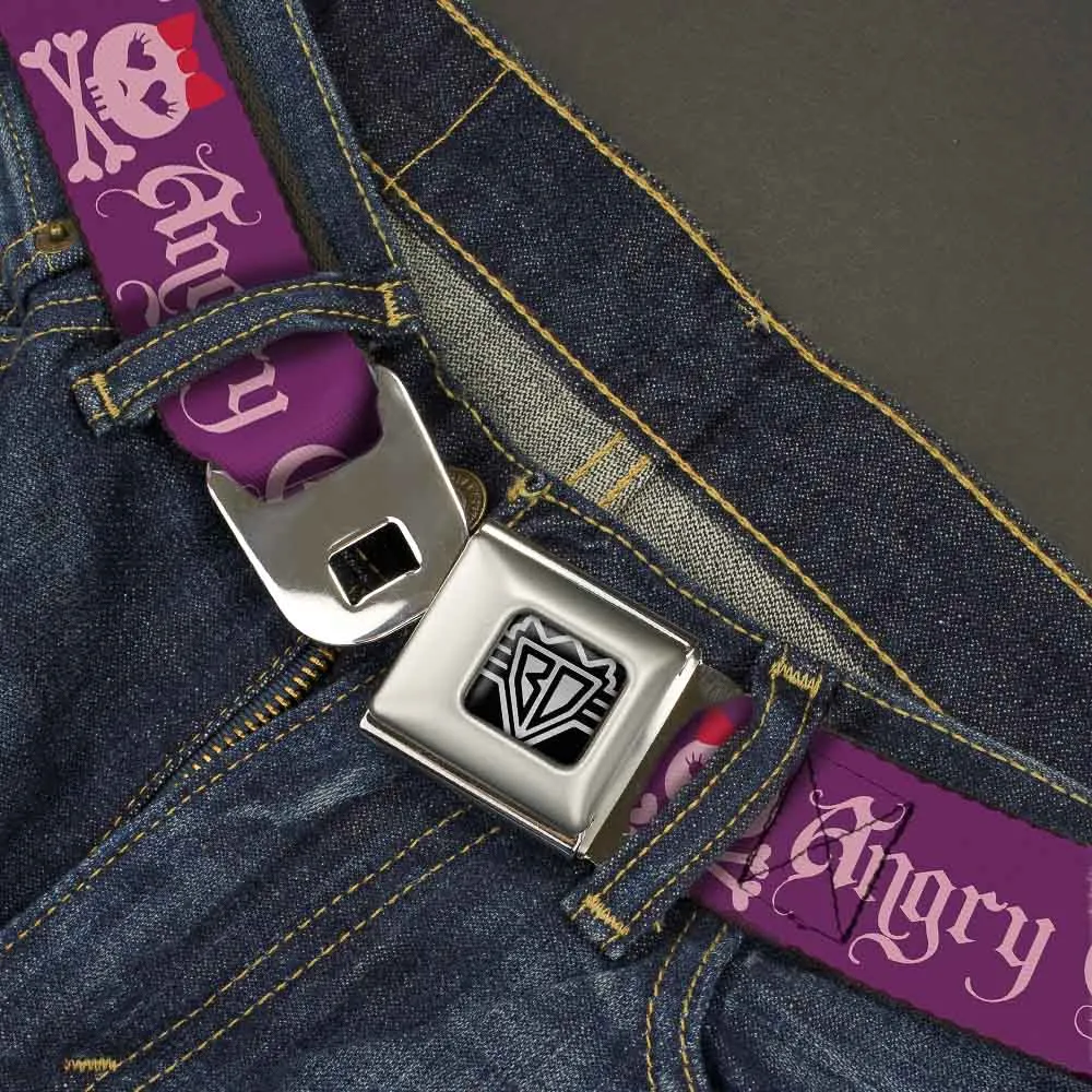 BD Wings Logo CLOSE-UP Full Color Black Silver Seatbelt Belt - Angry Girl Purple/Pink Webbing