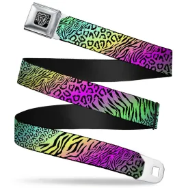 BD Wings Logo CLOSE-UP Full Color Black Silver Seatbelt Belt - Animal Skins Rainbow/Black Webbing