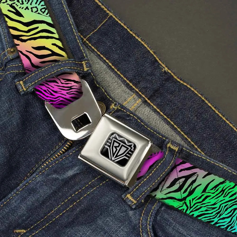 BD Wings Logo CLOSE-UP Full Color Black Silver Seatbelt Belt - Animal Skins Rainbow/Black Webbing