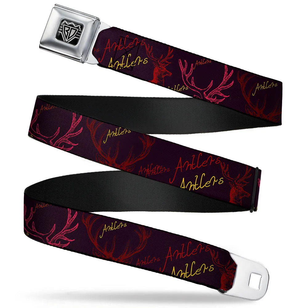 BD Wings Logo CLOSE-UP Full Color Black Silver Seatbelt Belt - Antlers Black/Burgundy/Gold Webbing