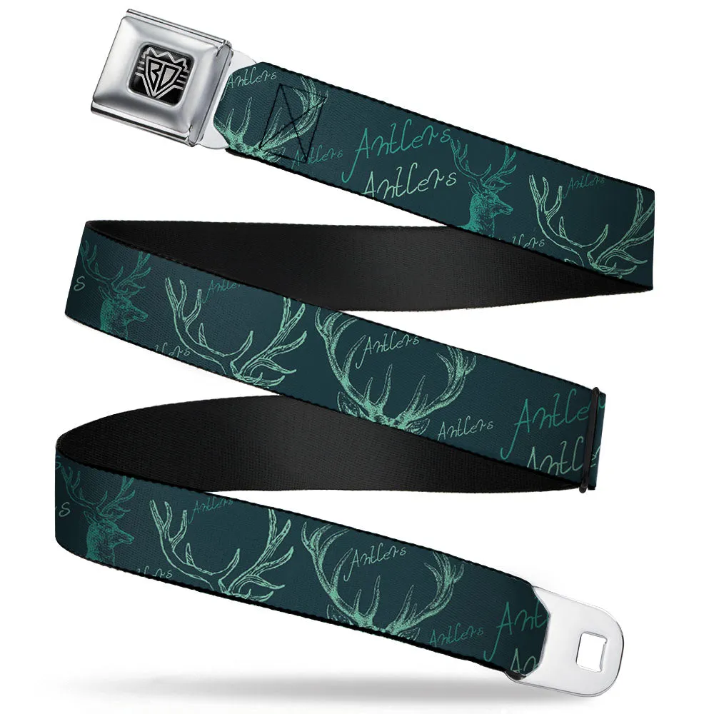 BD Wings Logo CLOSE-UP Full Color Black Silver Seatbelt Belt - Antlers Turquoise Webbing