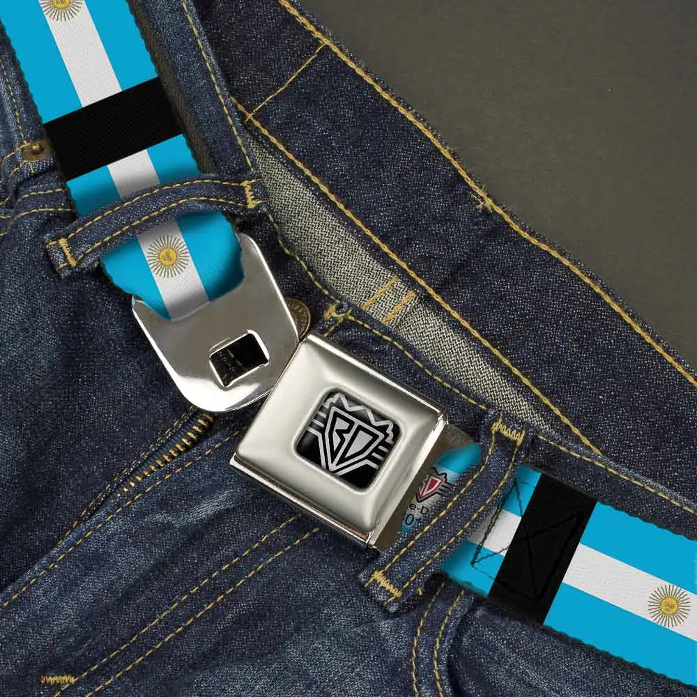 BD Wings Logo CLOSE-UP Full Color Black Silver Seatbelt Belt - Argentina Flags Webbing