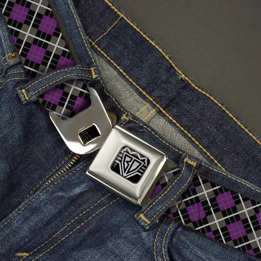 BD Wings Logo CLOSE-UP Full Color Black Silver Seatbelt Belt - Argyle Black/Gray/Purple Webbing