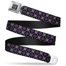 BD Wings Logo CLOSE-UP Full Color Black Silver Seatbelt Belt - Argyle Black/Gray/Purple Webbing