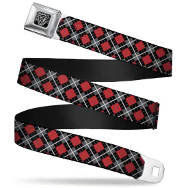 BD Wings Logo CLOSE-UP Full Color Black Silver Seatbelt Belt - Argyle Black/Gray/Red Webbing