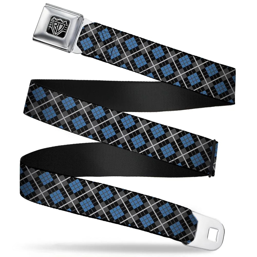 BD Wings Logo CLOSE-UP Full Color Black Silver Seatbelt Belt - Argyle Black/Gray/Turquoise Webbing