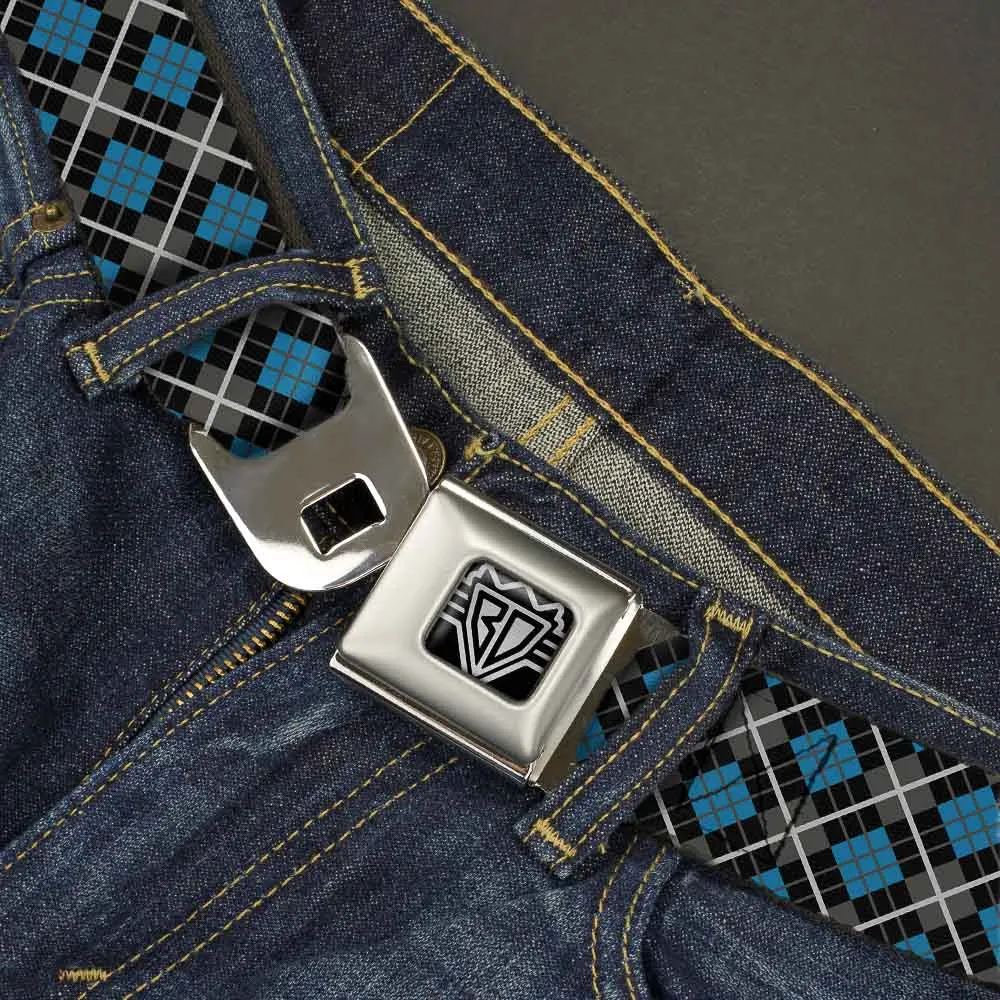 BD Wings Logo CLOSE-UP Full Color Black Silver Seatbelt Belt - Argyle Black/Gray/Turquoise Webbing