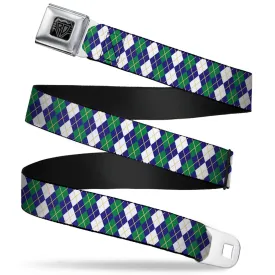 BD Wings Logo CLOSE-UP Full Color Black Silver Seatbelt Belt - Argyle Navy/Green/White/Gold Webbing