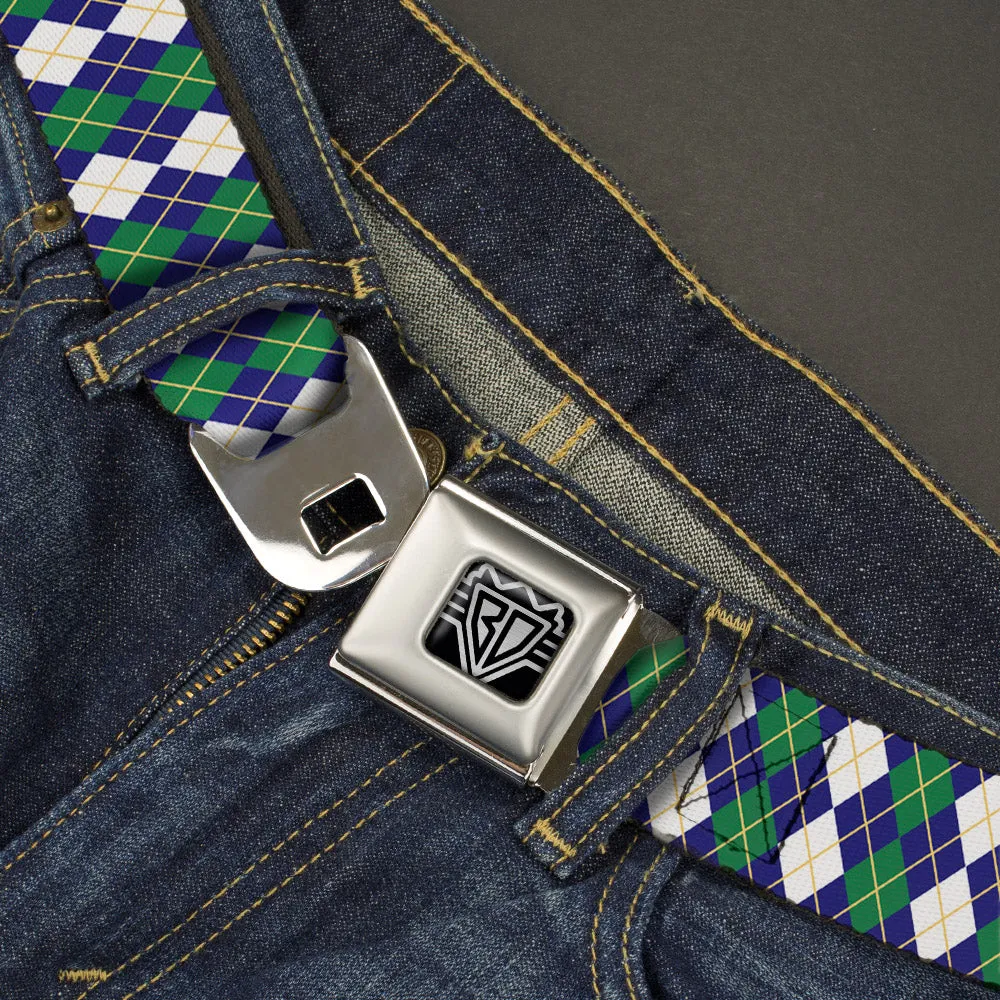 BD Wings Logo CLOSE-UP Full Color Black Silver Seatbelt Belt - Argyle Navy/Green/White/Gold Webbing