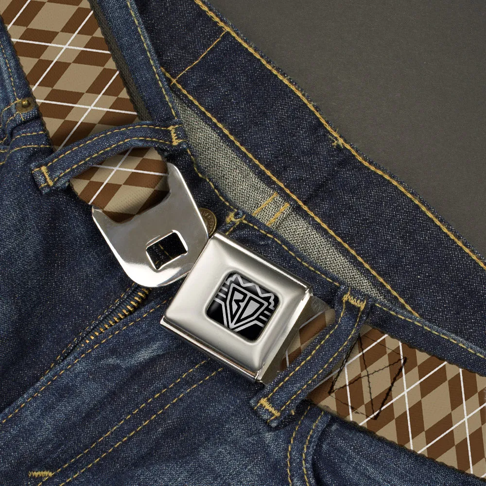 BD Wings Logo CLOSE-UP Full Color Black Silver Seatbelt Belt - Argyle Tan/Brown/White Webbing