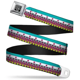 BD Wings Logo CLOSE-UP Full Color Black Silver Seatbelt Belt - Aztec14 Seafoam Green/White/Pink/Lime Green/Black Webbing