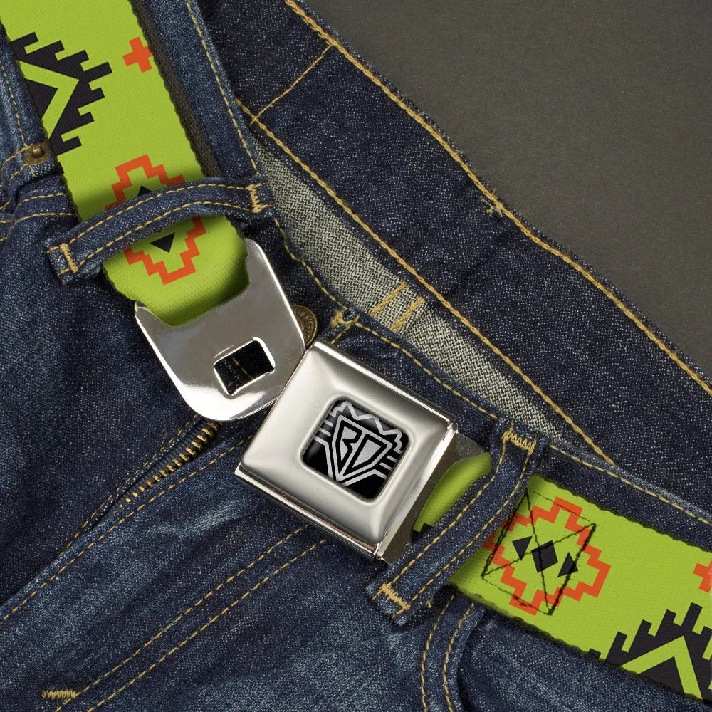 BD Wings Logo CLOSE-UP Full Color Black Silver Seatbelt Belt - Aztec20 Green/Orange/Black Webbing