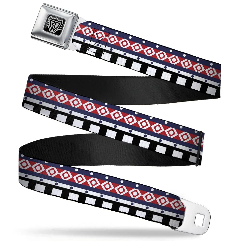 BD Wings Logo CLOSE-UP Full Color Black Silver Seatbelt Belt - Aztec3 White/Navy/Red/Black Webbing