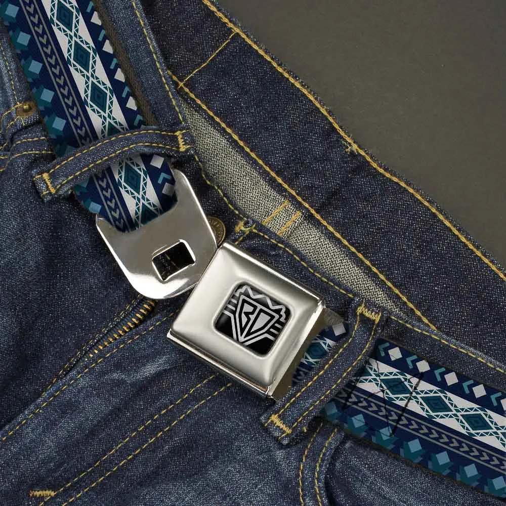 BD Wings Logo CLOSE-UP Full Color Black Silver Seatbelt Belt - Aztec4 Blues/White/Gray Webbing