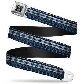 BD Wings Logo CLOSE-UP Full Color Black Silver Seatbelt Belt - Aztec4 Blues/White/Gray Webbing