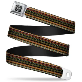 BD Wings Logo CLOSE-UP Full Color Black Silver Seatbelt Belt - Aztec5 Reds/Blues/Greens/Yellows Webbing