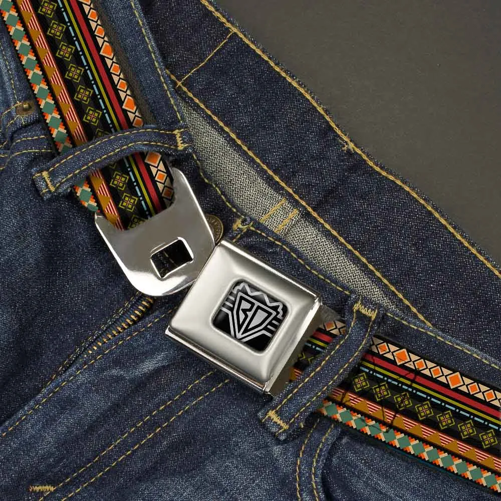 BD Wings Logo CLOSE-UP Full Color Black Silver Seatbelt Belt - Aztec5 Reds/Blues/Greens/Yellows Webbing