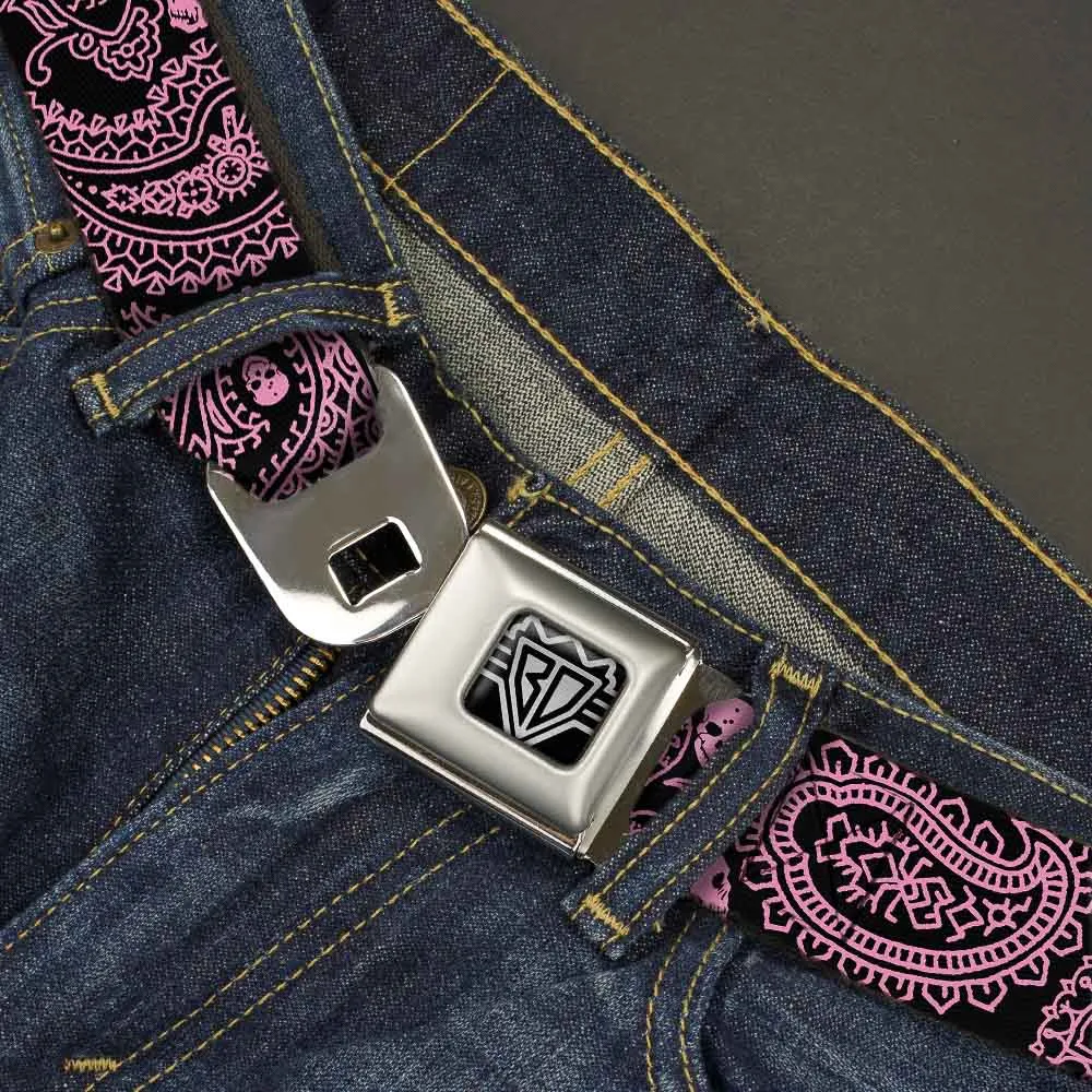 BD Wings Logo CLOSE-UP Full Color Black Silver Seatbelt Belt - Bandana/Skulls Black/Pink Webbing