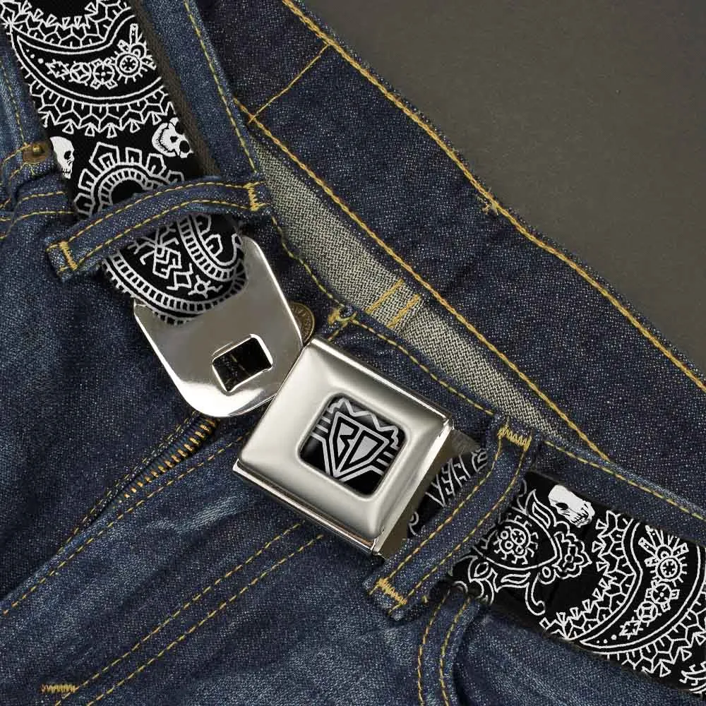 BD Wings Logo CLOSE-UP Full Color Black Silver Seatbelt Belt - Bandana/Skulls Black/White Webbing