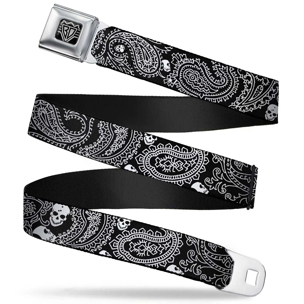 BD Wings Logo CLOSE-UP Full Color Black Silver Seatbelt Belt - Bandana/Skulls Black/White Webbing