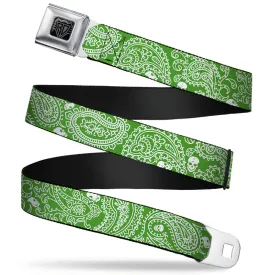 BD Wings Logo CLOSE-UP Full Color Black Silver Seatbelt Belt - Bandana/Skulls Irish Green/White Webbing