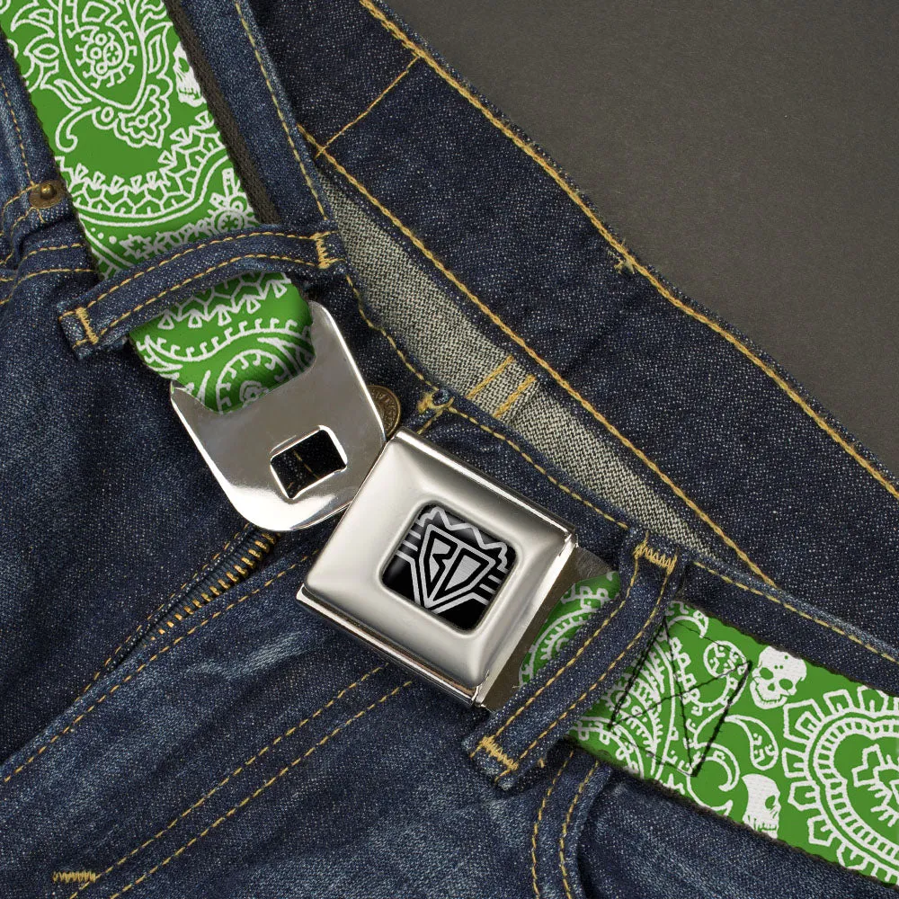 BD Wings Logo CLOSE-UP Full Color Black Silver Seatbelt Belt - Bandana/Skulls Irish Green/White Webbing