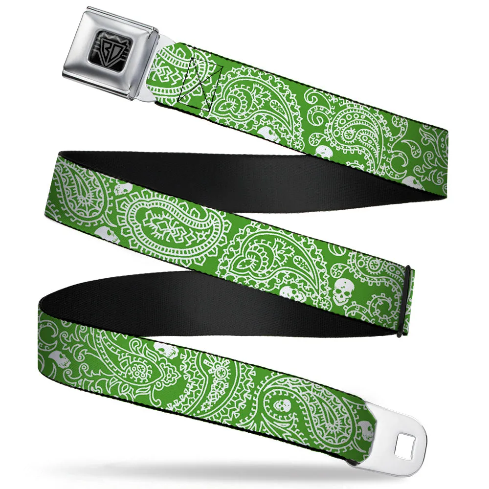 BD Wings Logo CLOSE-UP Full Color Black Silver Seatbelt Belt - Bandana/Skulls Irish Green/White Webbing