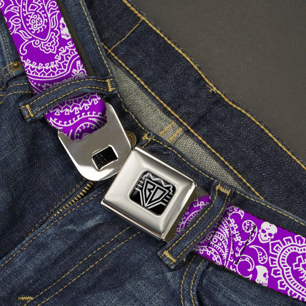 BD Wings Logo CLOSE-UP Full Color Black Silver Seatbelt Belt - Bandana/Skulls Purple/White Webbing