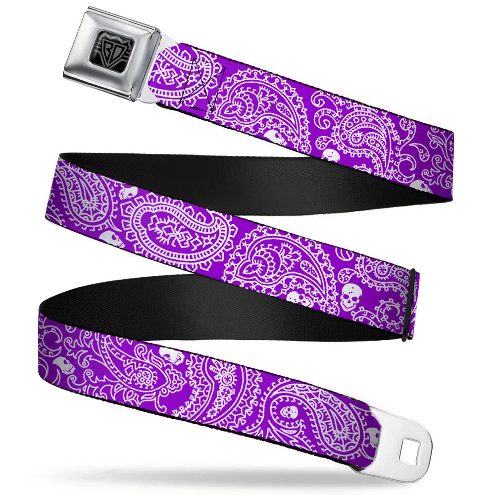 BD Wings Logo CLOSE-UP Full Color Black Silver Seatbelt Belt - Bandana/Skulls Purple/White Webbing