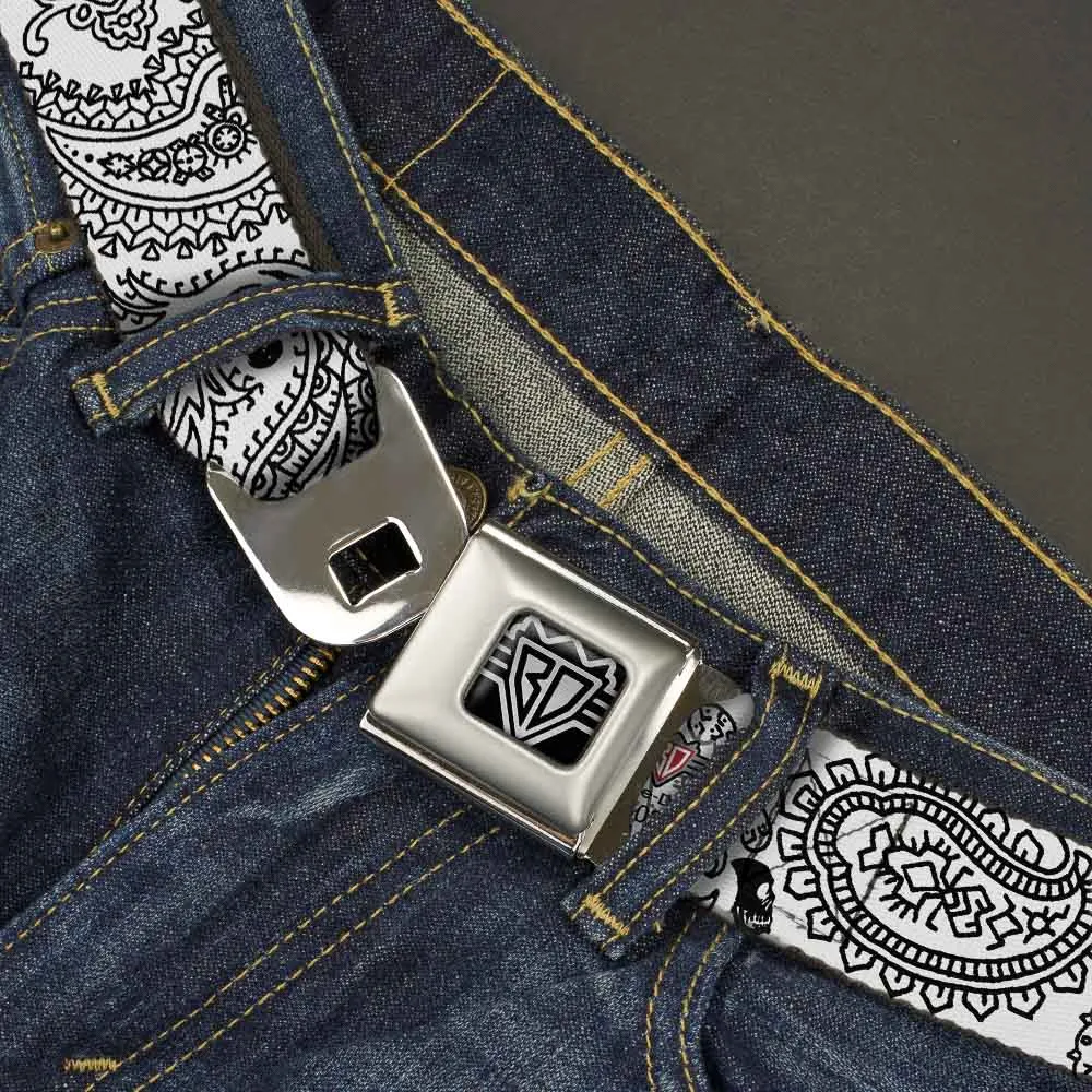 BD Wings Logo CLOSE-UP Full Color Black Silver Seatbelt Belt - Bandana/Skulls White/Black Webbing