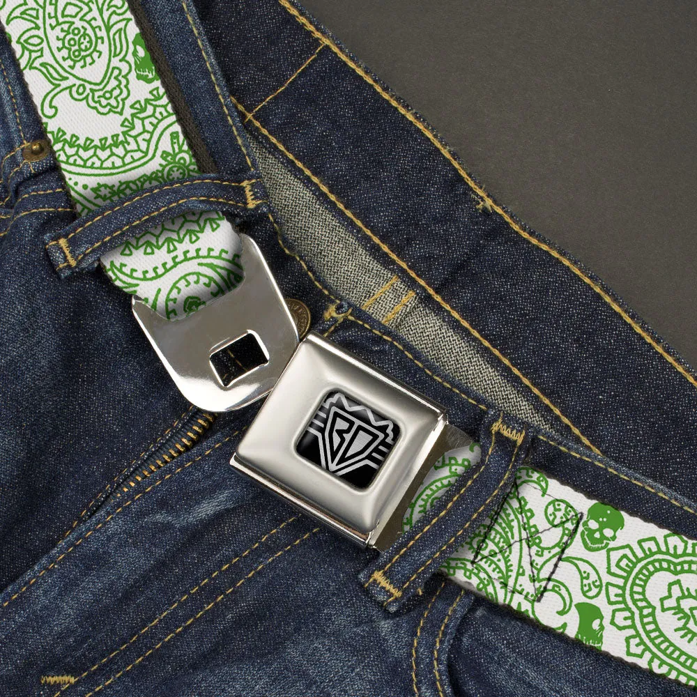 BD Wings Logo CLOSE-UP Full Color Black Silver Seatbelt Belt - Bandana/Skulls White/Irish Green Webbing