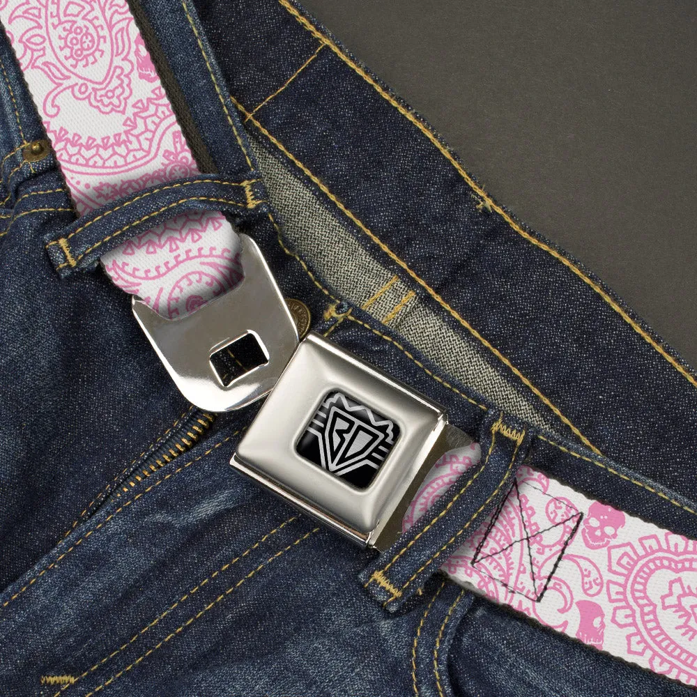 BD Wings Logo CLOSE-UP Full Color Black Silver Seatbelt Belt - Bandana/Skulls White/Pink Webbing