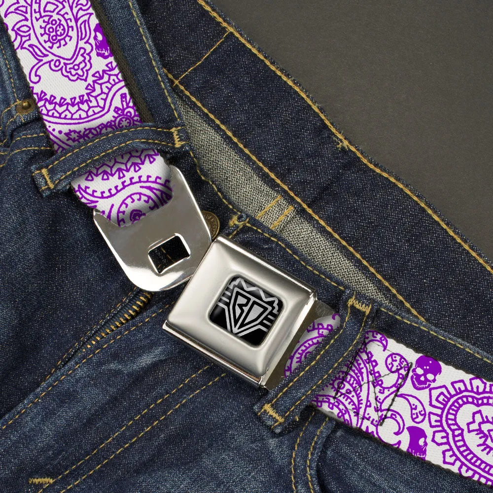 BD Wings Logo CLOSE-UP Full Color Black Silver Seatbelt Belt - Bandana/Skulls White/Purple Webbing