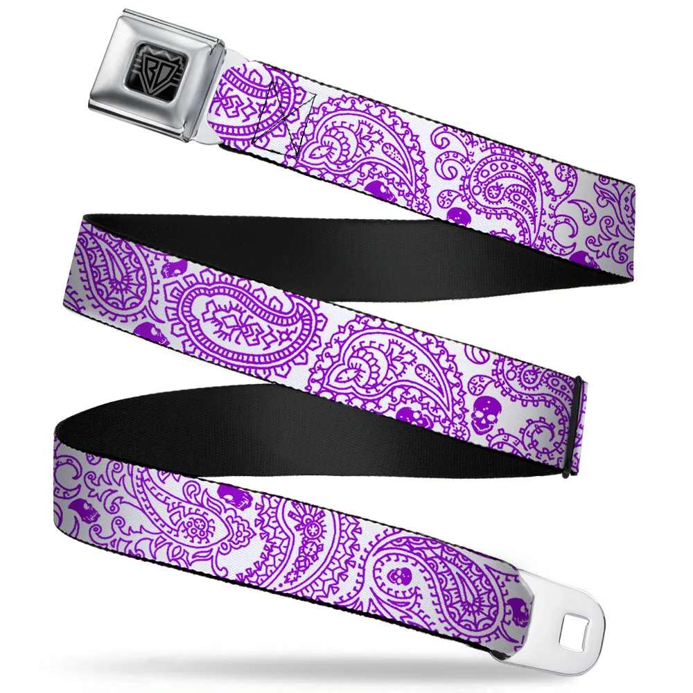 BD Wings Logo CLOSE-UP Full Color Black Silver Seatbelt Belt - Bandana/Skulls White/Purple Webbing