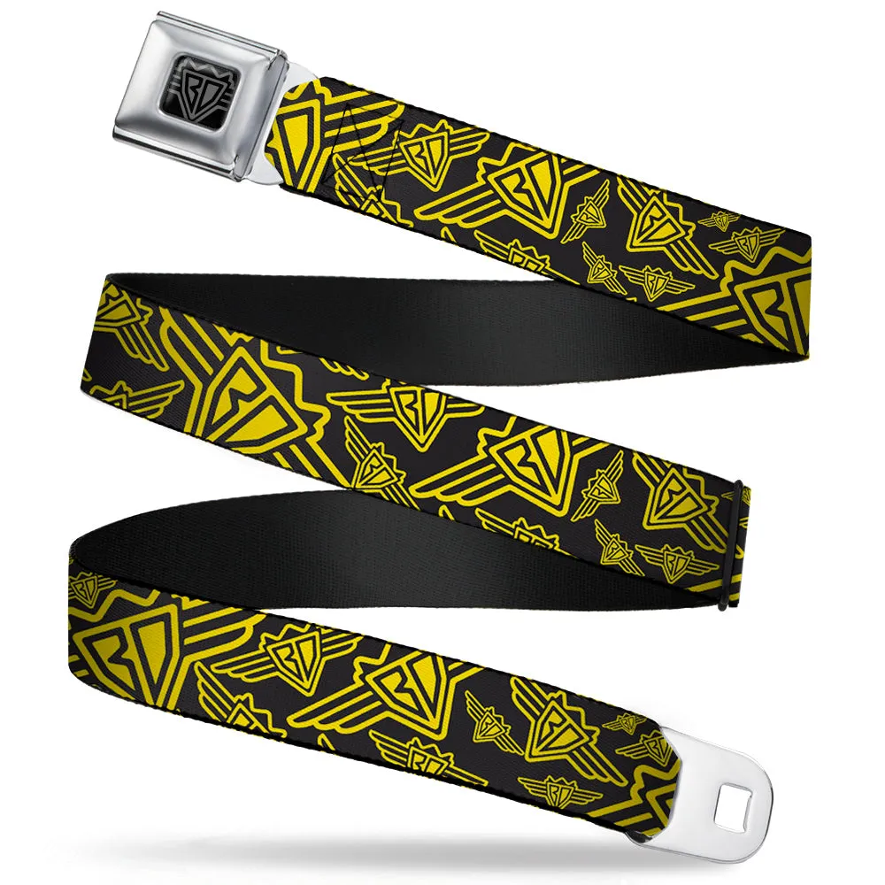 BD Wings Logo CLOSE-UP Full Color Black Silver Seatbelt Belt - BD Logo Scattered Black/Yellow Webbing