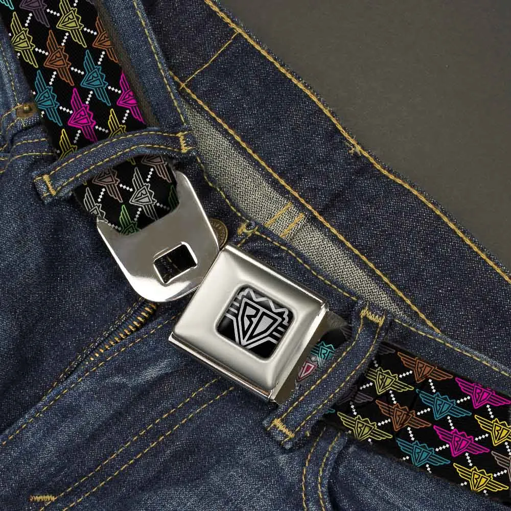 BD Wings Logo CLOSE-UP Full Color Black Silver Seatbelt Belt - BD Monogram Black/Multi Neon Webbing