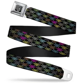 BD Wings Logo CLOSE-UP Full Color Black Silver Seatbelt Belt - BD Monogram Black/Multi Neon Webbing