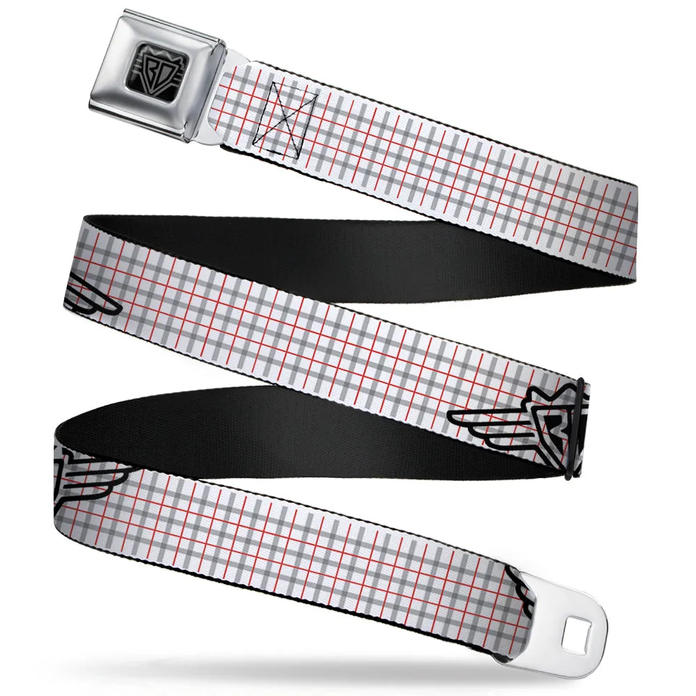 BD Wings Logo CLOSE-UP Full Color Black Silver Seatbelt Belt - BD Plaid White/Gray/Red Webbing