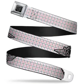 BD Wings Logo CLOSE-UP Full Color Black Silver Seatbelt Belt - BD Plaid White/Gray/Red Webbing