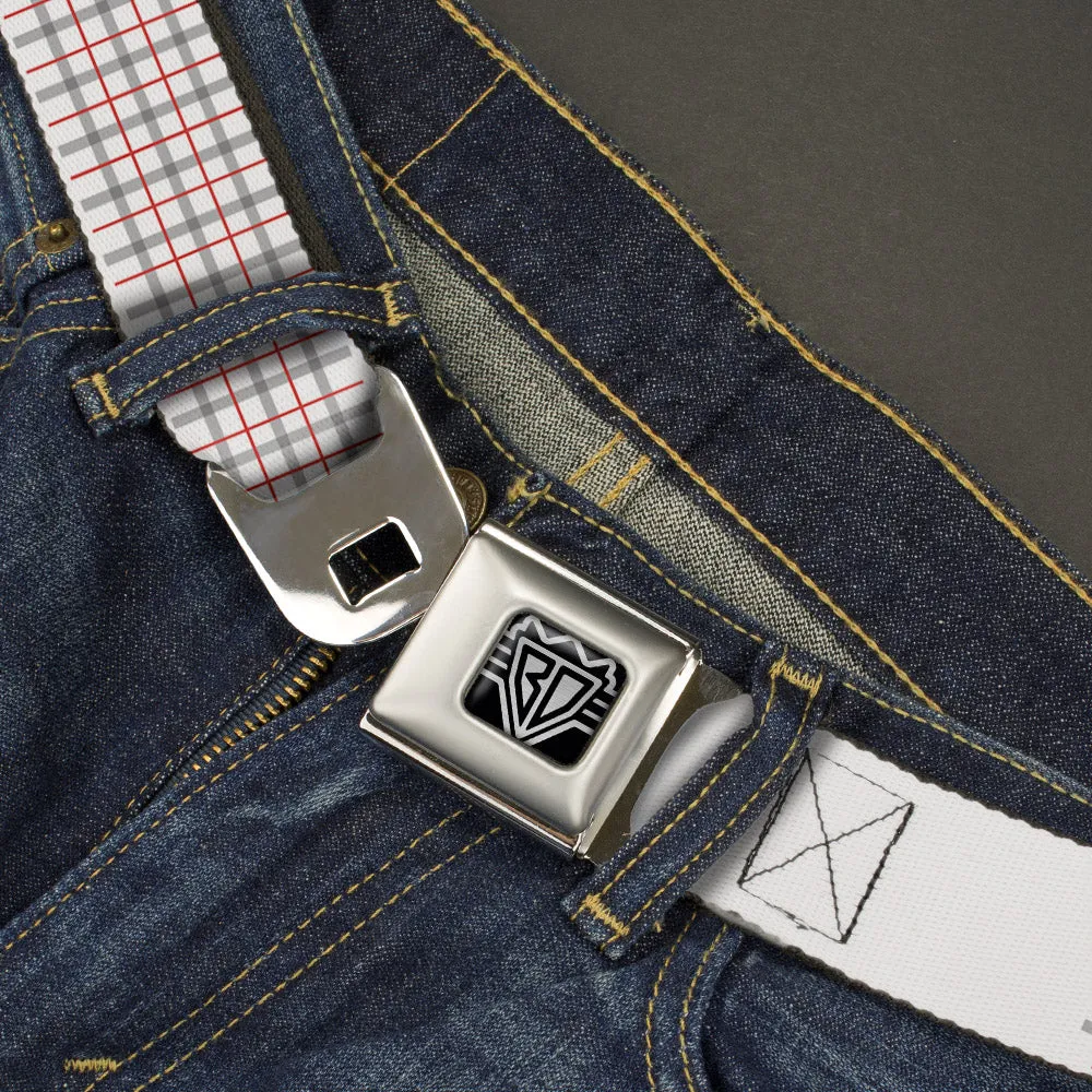 BD Wings Logo CLOSE-UP Full Color Black Silver Seatbelt Belt - BD Plaid White/Gray/Red Webbing