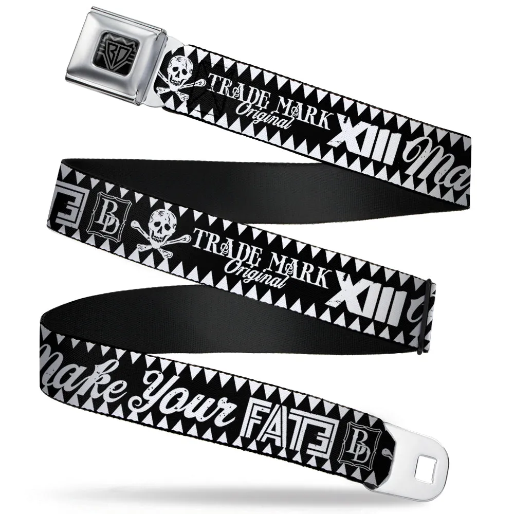 BD Wings Logo CLOSE-UP Full Color Black Silver Seatbelt Belt - BD Skull MAKE YOUR FATE Black/White Webbing