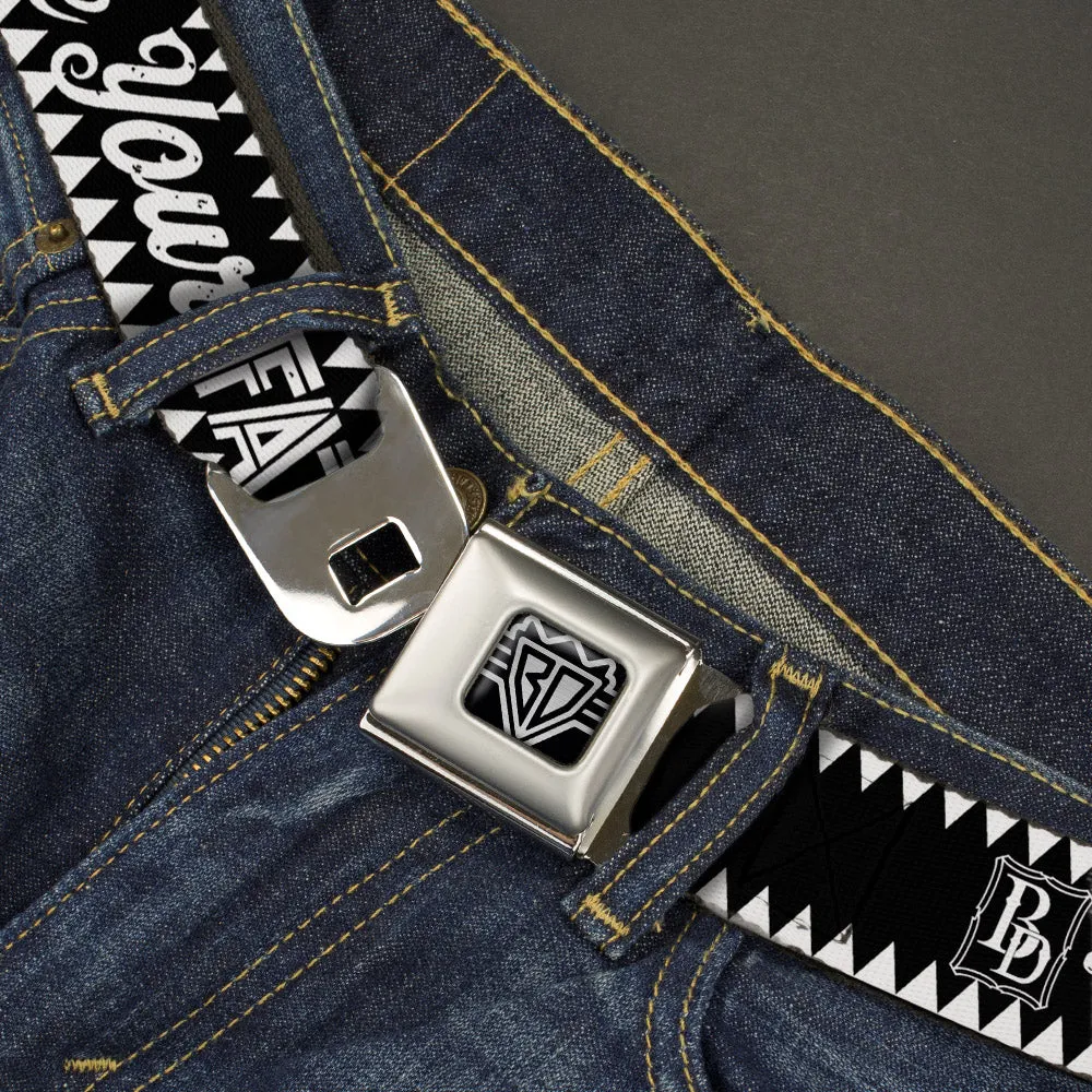 BD Wings Logo CLOSE-UP Full Color Black Silver Seatbelt Belt - BD Skull MAKE YOUR FATE Black/White Webbing